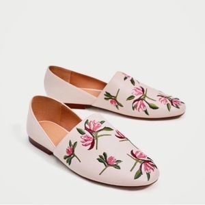 ZARA FLORAL EMBROIDERED FLAT SHOES FAUX VEGAN LEATHER US 6.5 PINK NEW WITH TAGS